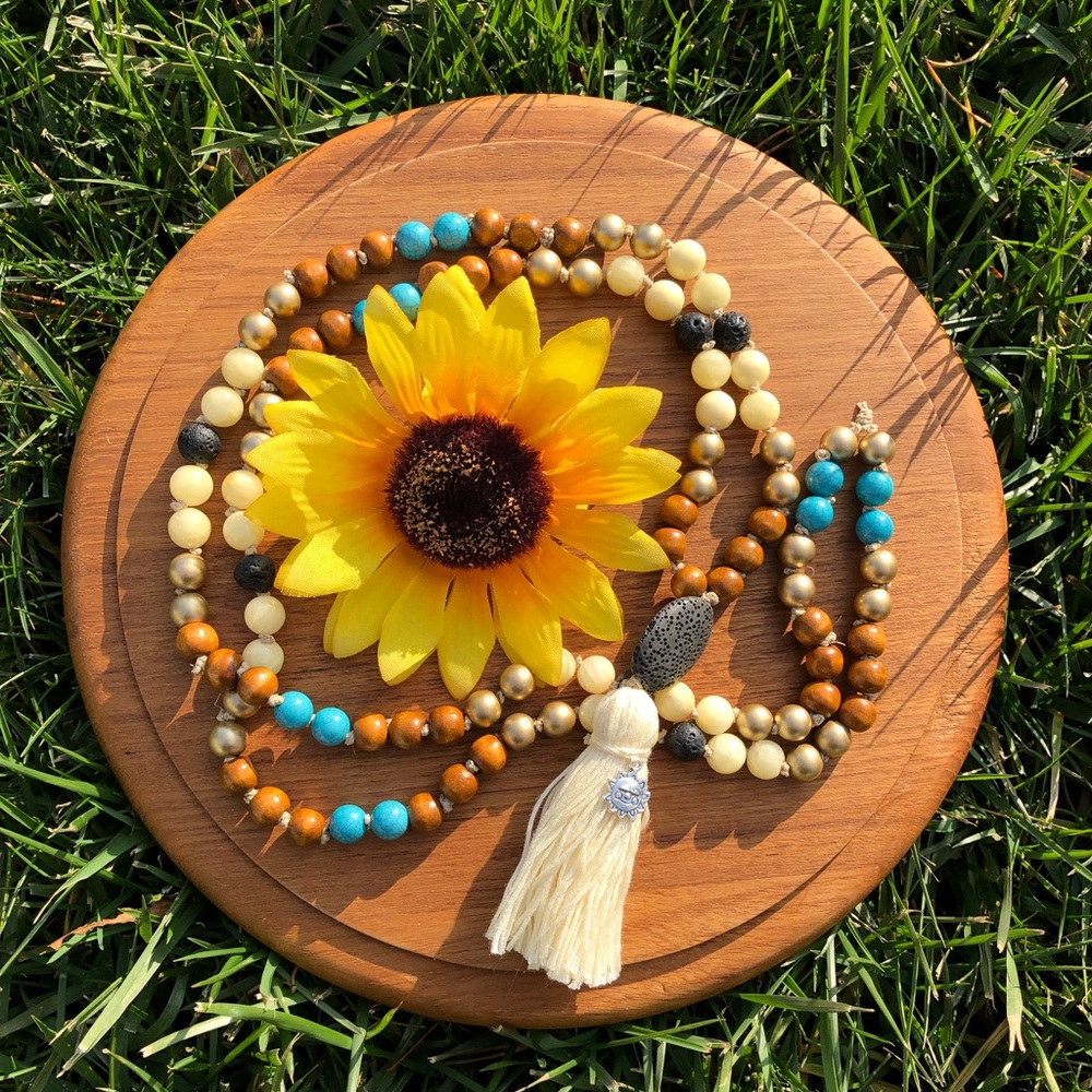 Sunflower Mala Beads Necklace, Tassel Jewelry